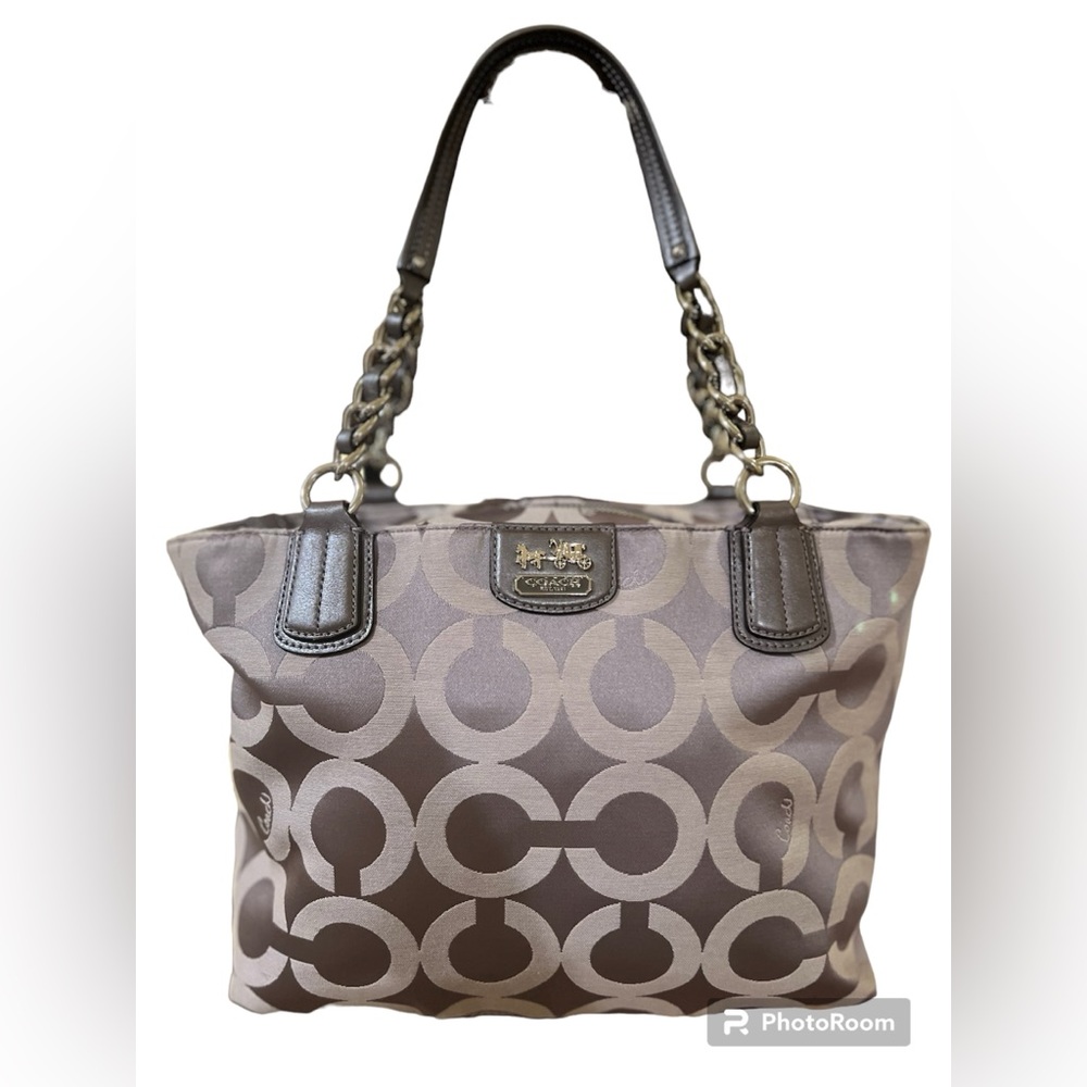 Coach Taupe and Brown Signature Chain-Shoulder Tote